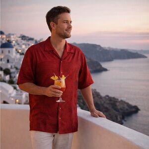 Brandini Men’s 100% Silk Resort Shirt Red Tropical Jacquard Size Large